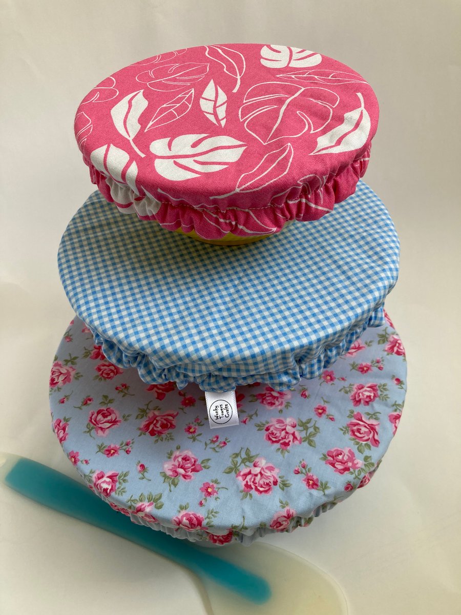 Reusable bowl covers - set of three. Pink and blue