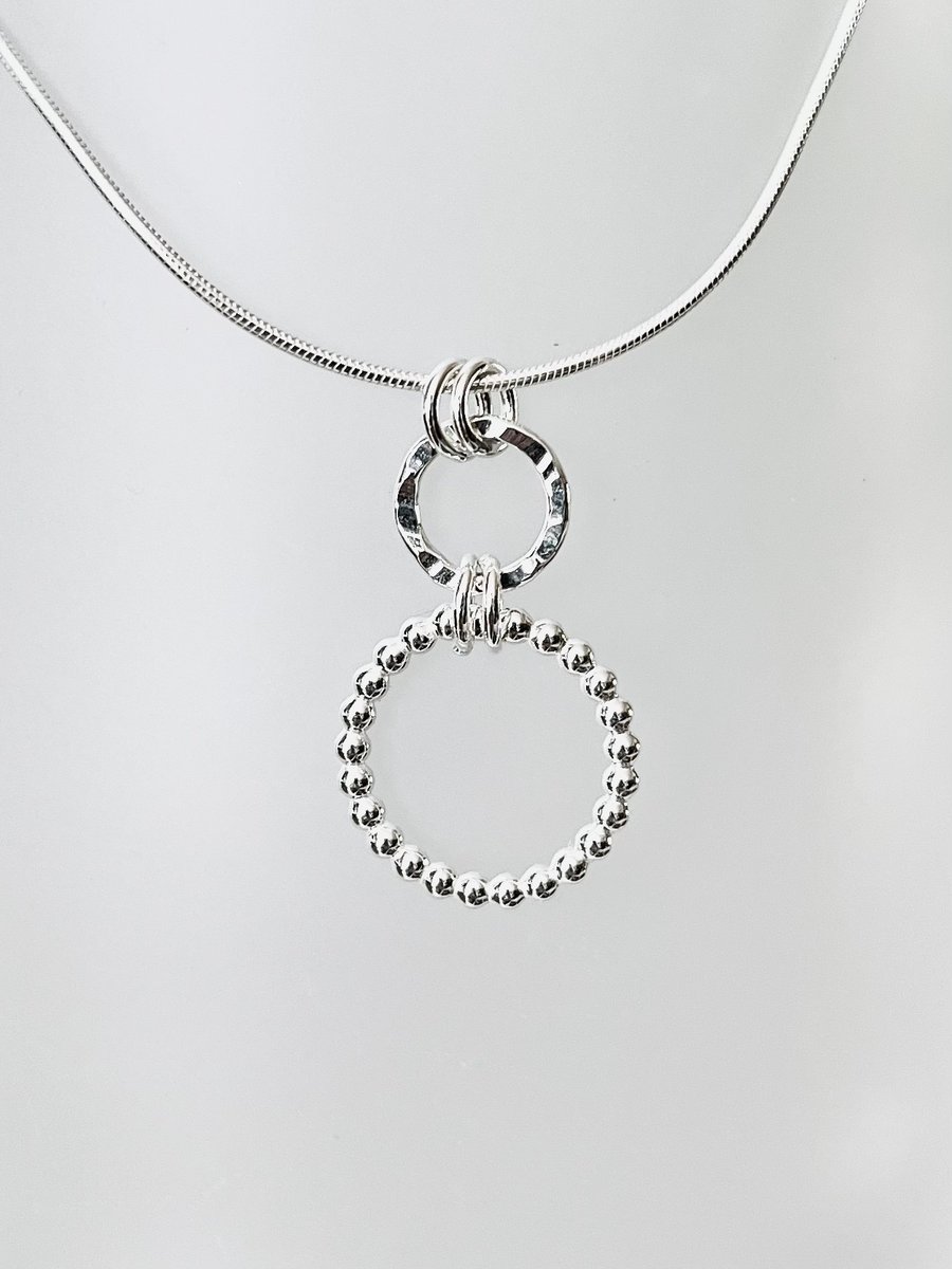 Double Sterling Silver Hammered and Bead Wire Circle Pendant Necklace