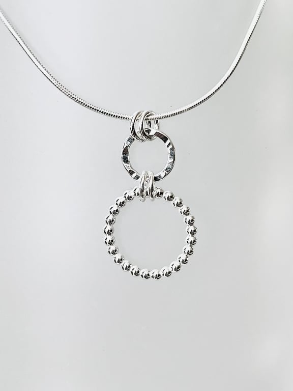 Double Sterling Silver Hammered and Bead Wire Circle Pendant Necklace