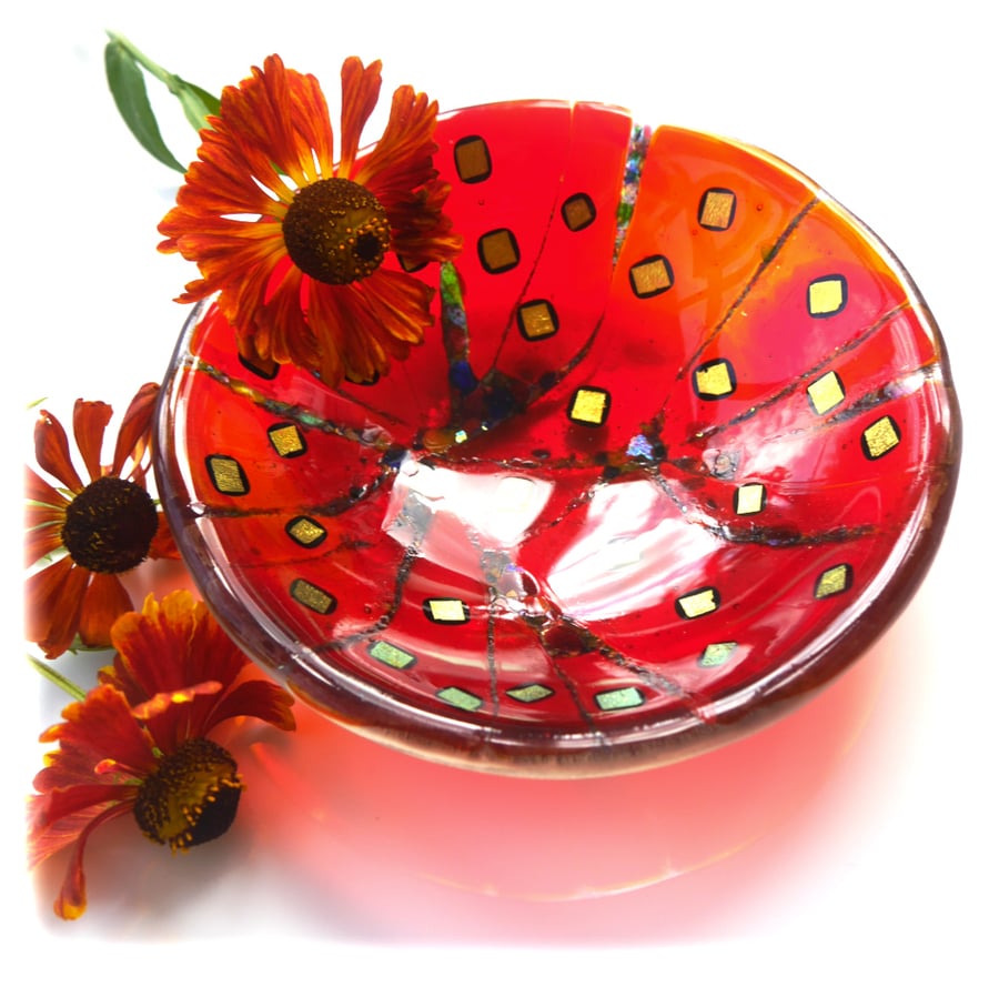 Red Gold 12.5cm Dichtoic Fused Glass Bowl Intentionally Perfectly Imperfect 