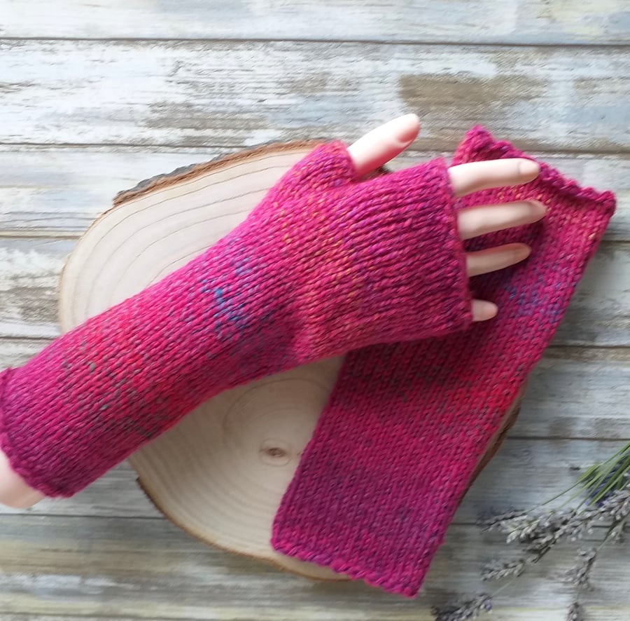 Knitted Fingerless Gloves, Marbled Yarn Hand Warmers