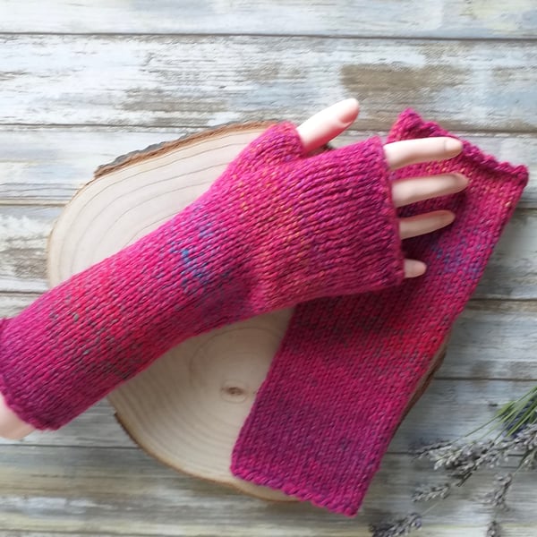 Knitted Fingerless Gloves, Marbled Yarn Hand Warmers