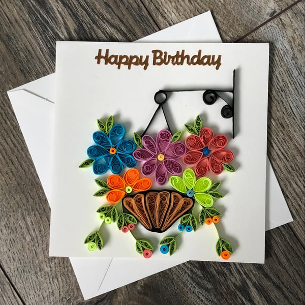 Happy birthday hanging Basket quilled Card