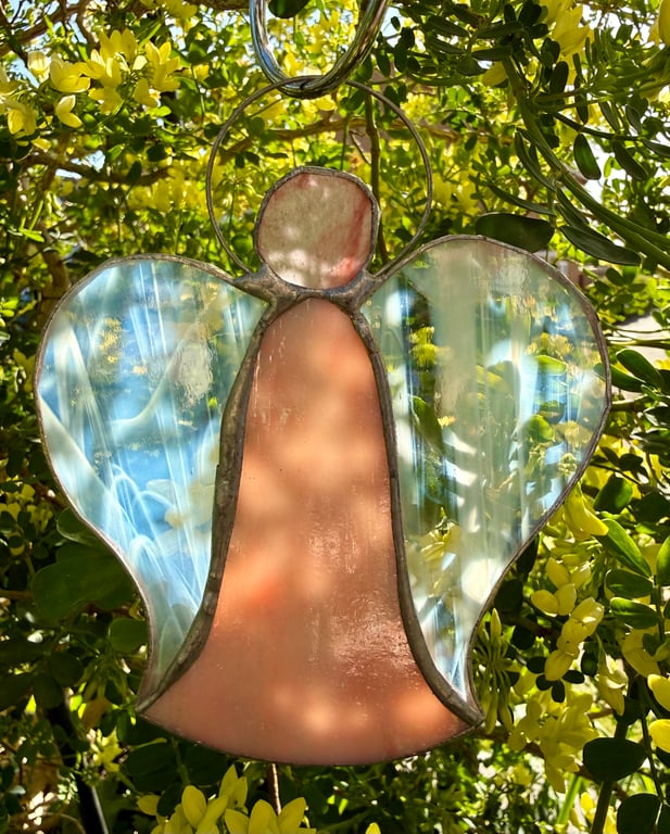 Stained Glass Bell Angel Decoration - Sunset pink body with wispy white wings