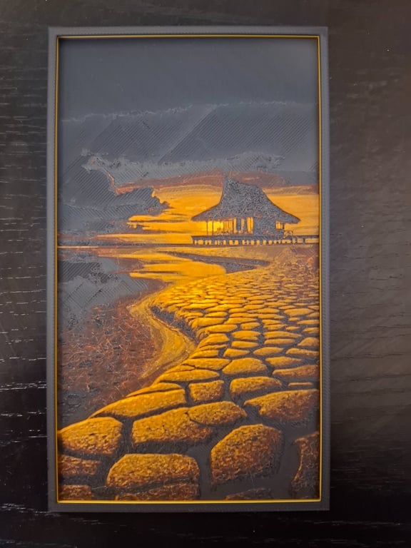 Sunset Coastal Path 3D HueForge Art Print - 6.5 x 3.5 Inch - Framed