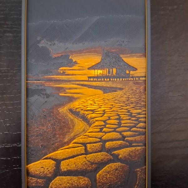 Sunset Coastal Path 3D HueForge Art Print - 6.5 x 3.5 Inch - Framed