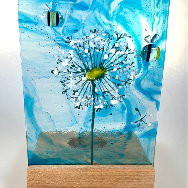 Dandelion and bees fused glass panel in oak base 