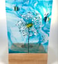 Dandelion and bees fused glass panel in oak base 