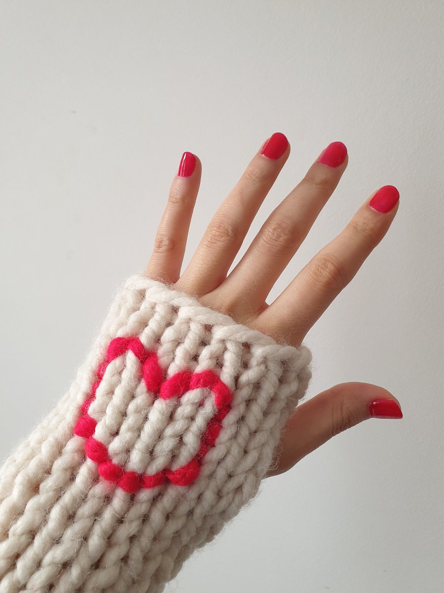 Heart Detail Fingerless Hand-Knitted Gloves, a gift for her, Valentine's Day