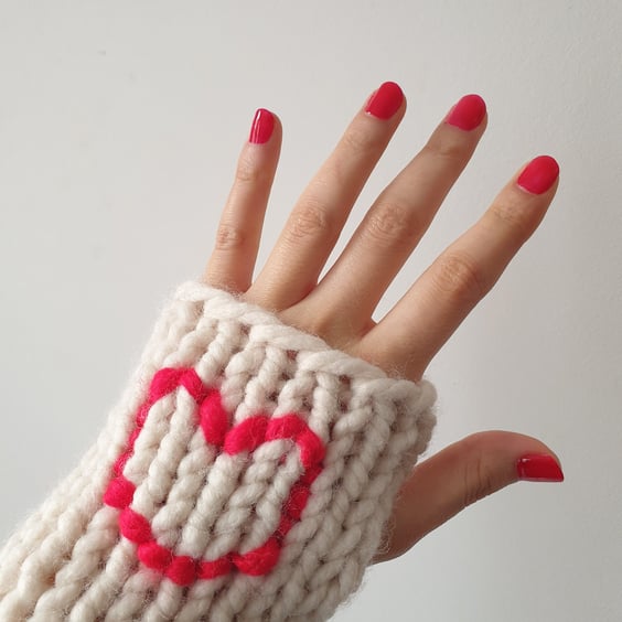 Heart Detail Fingerless Hand-Knitted Gloves, a gift for her, Valentine's Day