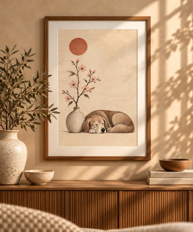 Sleeping Dog Under The Rising Sun Wall Art - Japandi Zen Print (Physical Print)