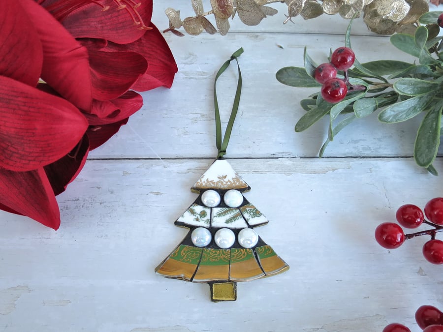 Mosaic Christmas Tree Ornament, Vintage China Gift, Festive Decoration