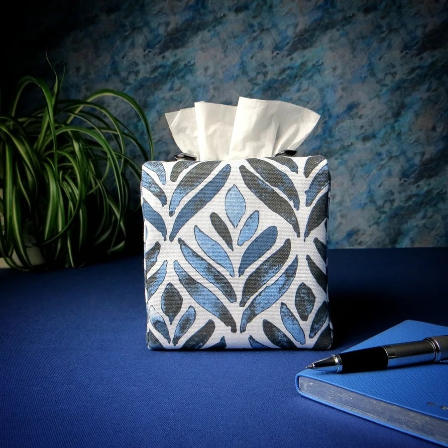 Square Tissue Box Cover Navy Watercolour Leaves