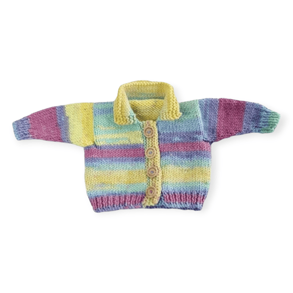 Baby Girl Aran Cardigan, Hand Knitted 0-3 Months, Collared Striped Knitwear