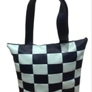 Baby Blue & Navy Blue Checker Leather Large Size Zippered Tote Handbag