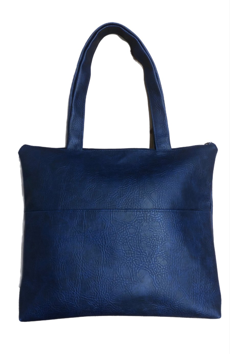 Navy Blue Leather Zippered Tote Handbag with External Pocket