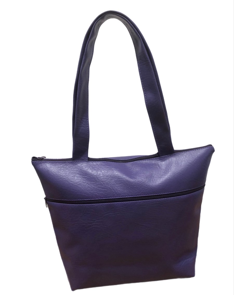 Purple Leather Zippered Tote Handbag with External Pocket