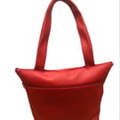 Red Leather Zippered Tote Handbag with External Pocket