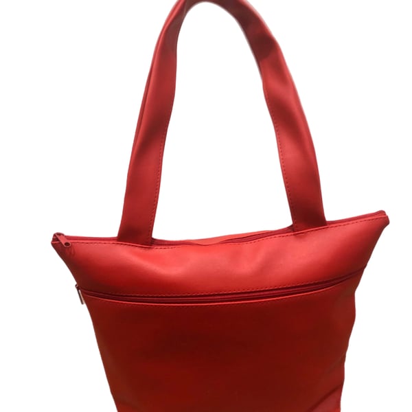 Red Leather Zippered Tote Handbag with External Pocket