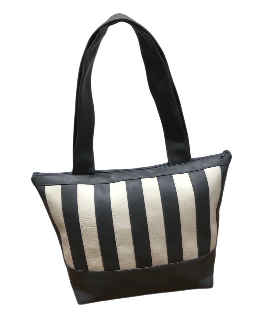 Grey and White Striped Leather Zippered Tote Handbag