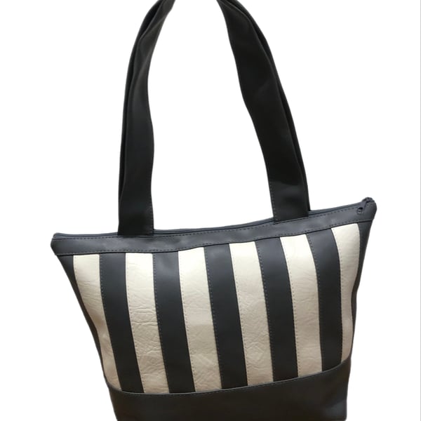 Grey and White Striped Leather Zippered Tote Handbag