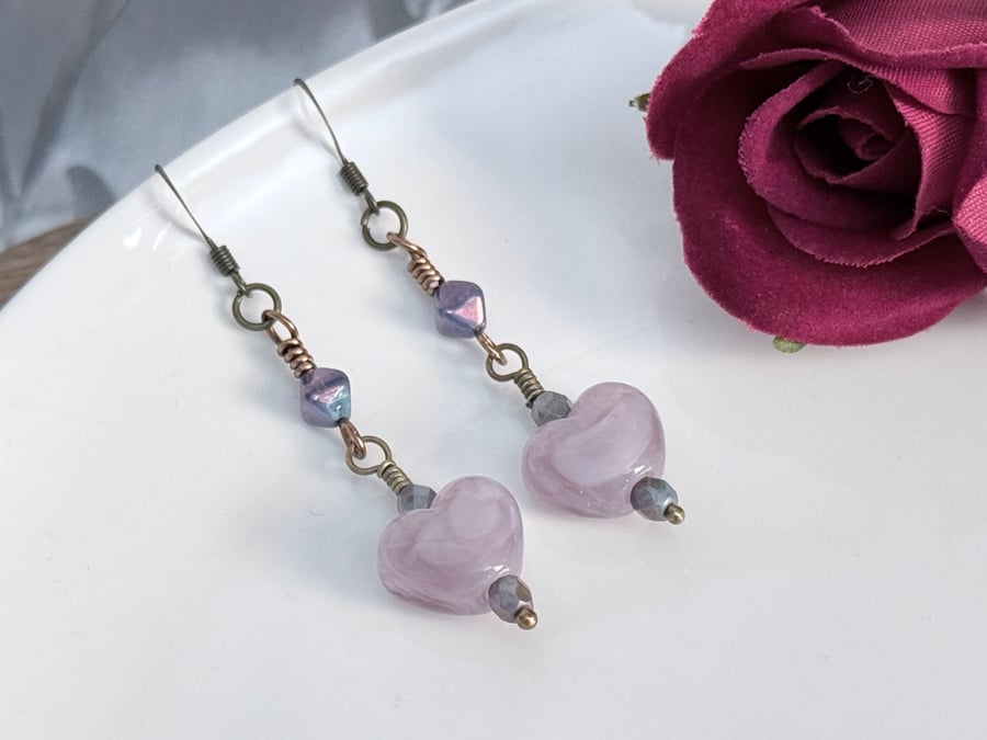 Lilac and purple boho heart bead earrings