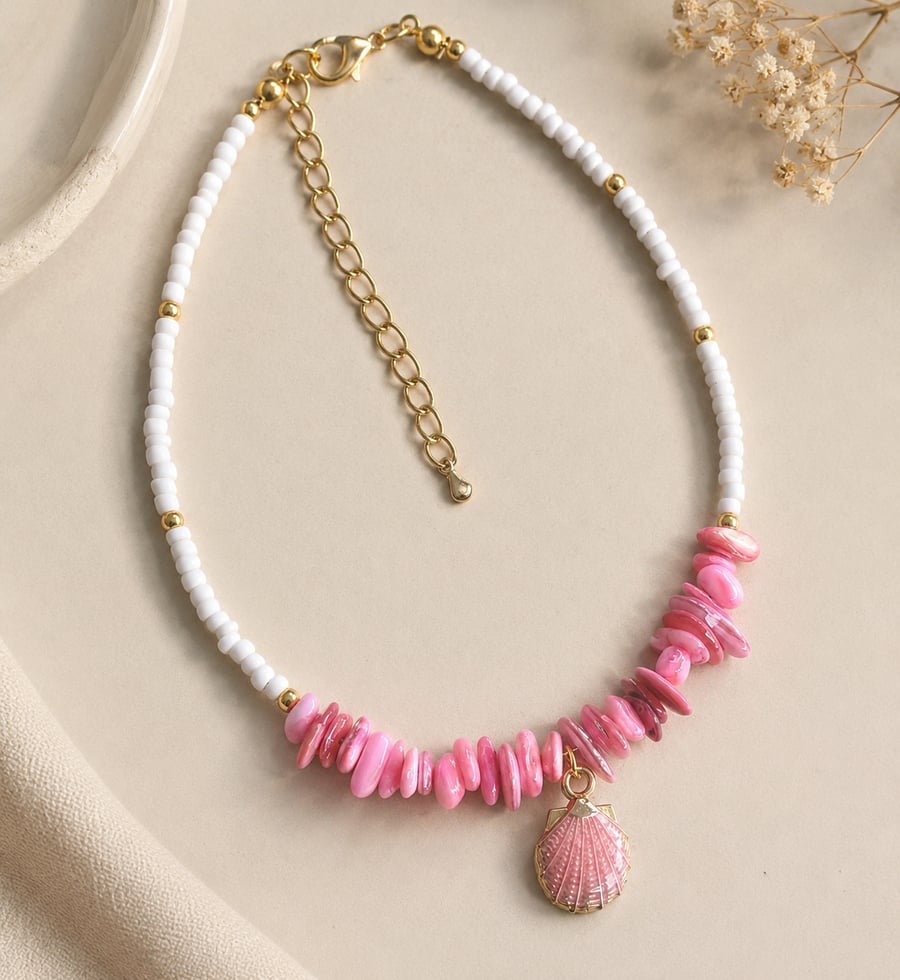 Handmade Pink Shell and White Bead Coastal Style Anklet