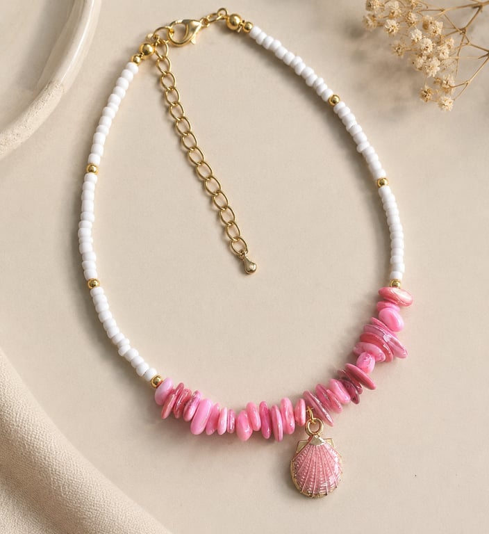 Handmade Pink Shell and White Bead Coastal Style Anklet