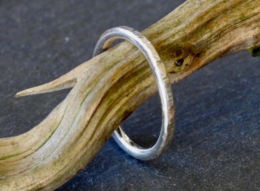 Narrow Hammered Ring, chopped edge texture pattern.