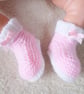 Handmade knitted baby booties white and pink, premature, 0-3 months