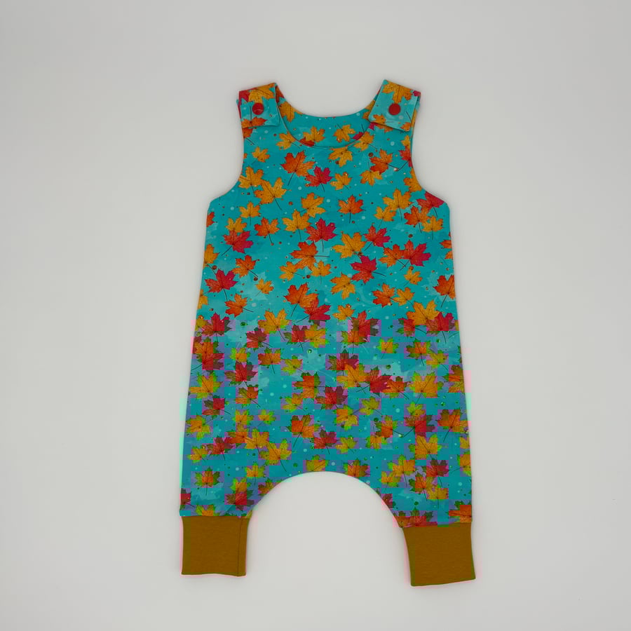 Autumn leaves handmade dungarees, (3-6 or 6-9 months) Baby romper