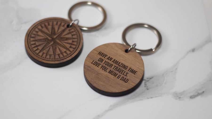 Personalised Wooden Walnut Keyring-Custom Compass Engraved Walnut Keyring