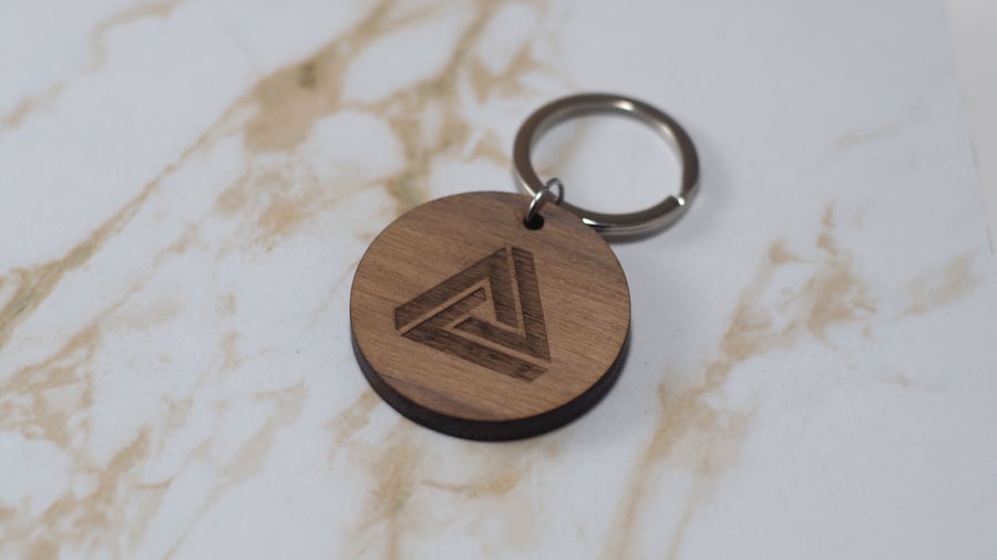 Personalised Wooden Walnut Keyring-Penrose Impossible triangle Engraved Walnut K