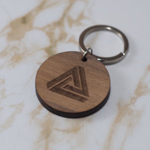 Personalised Wooden Walnut Keyring-Penrose Impossible triangle Engraved Walnut K