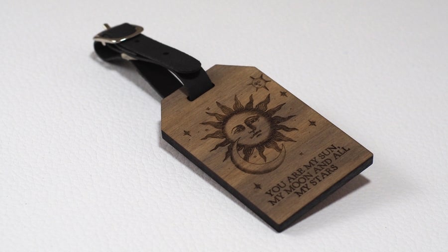Personalised Wooden Luggage Tag - Custom Engraved Travel Accessory - Sun and Moo