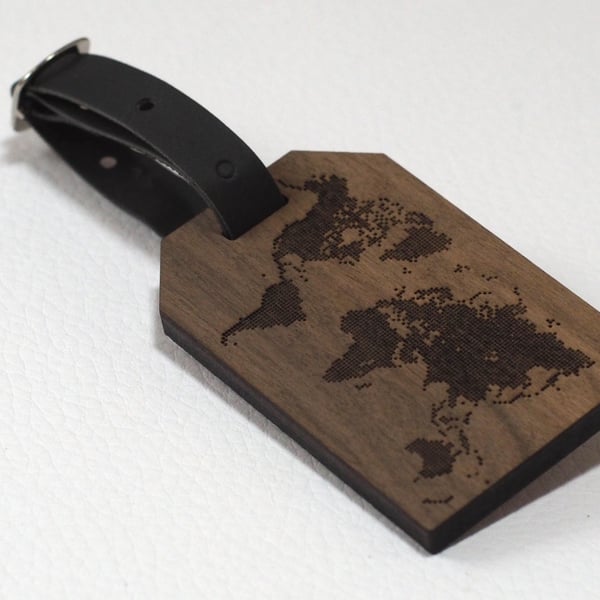 Personalised Wooden Luggage Tag - Custom Engraved Travel Accessory - World Map T