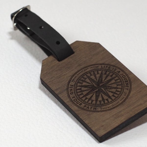 Personalised Wooden Luggage Tag - Custom Engraved Travel Accessory - Compass Tra