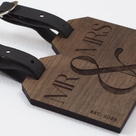 Personalised Mr & Mrs Wooden Luggage Tag - Custom Engraved Travel Accessory - We