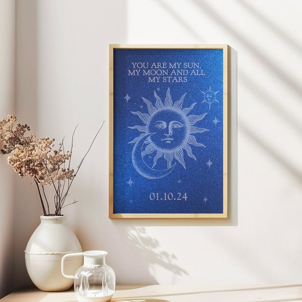 Personalised Sun and Moon Print, Celestial Art, Boho, Engraved Poster, Unique