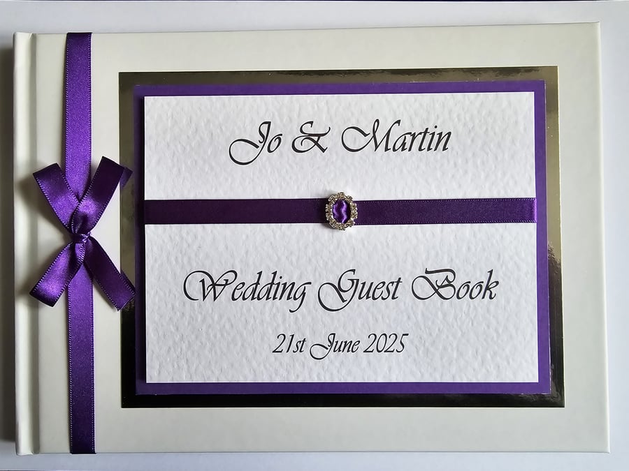 Wedding guest book with cadbury purple ribboon, wedding gift, wedding keepsake