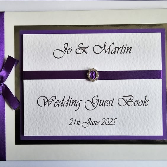 Wedding guest book with cadbury purple ribboon, wedding gift, wedding keepsake
