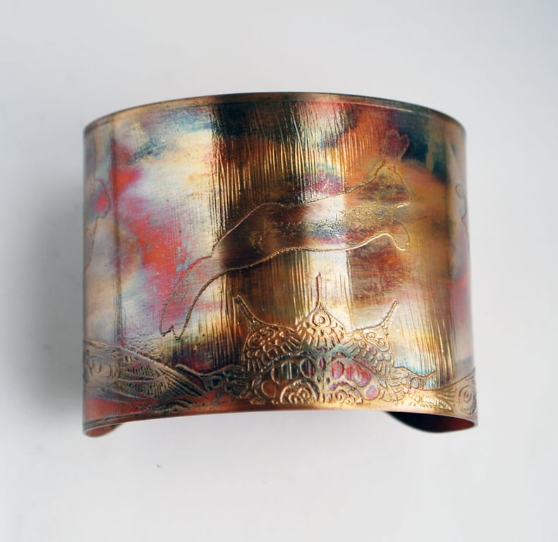 Etched copper hare cuff, statement gift for women