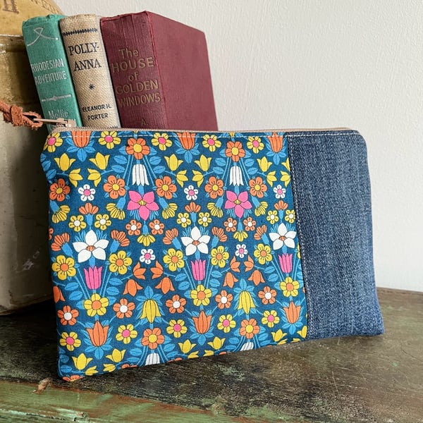 Liberty cotton and reclaimed denim pouch zip bag