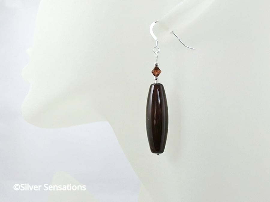 Very Dark Red Agate Long Cylinder Earrings With Premium Crystals