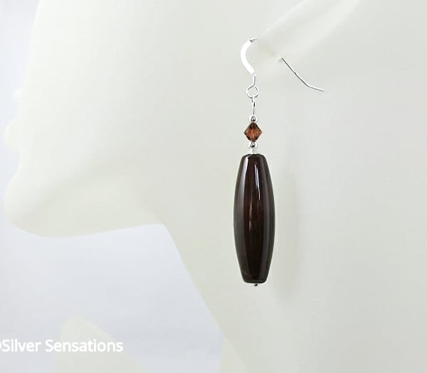 Very Dark Red Agate Long Cylinder Earrings With Premium Crystals
