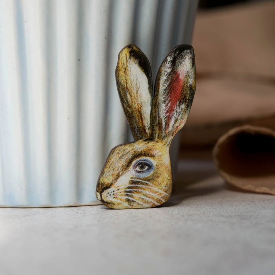 Hare badge. Rabbit pin. Laser cut wood. Easter gift