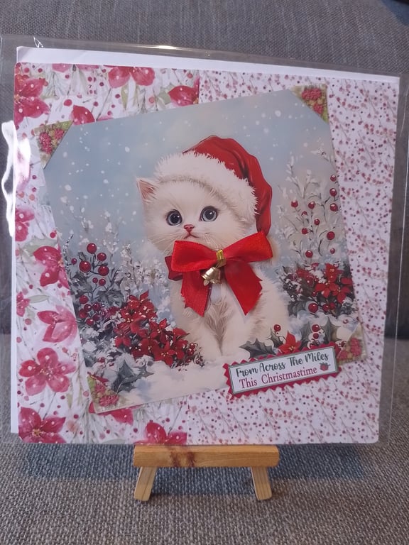 White Cat handmade Christmas Card 