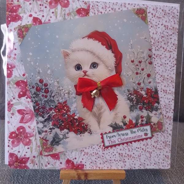 White Cat handmade Christmas Card 