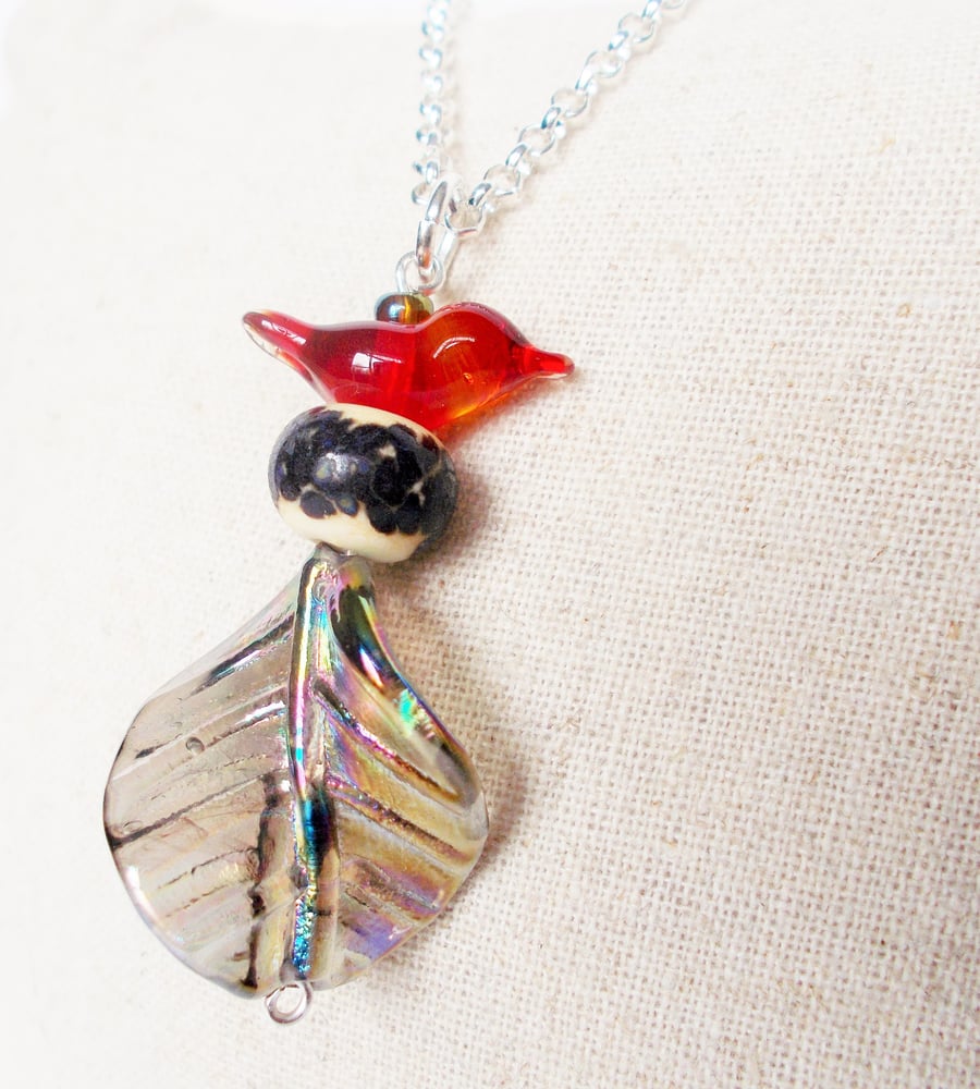 Red Glass Bird Necklace FREE UK post 