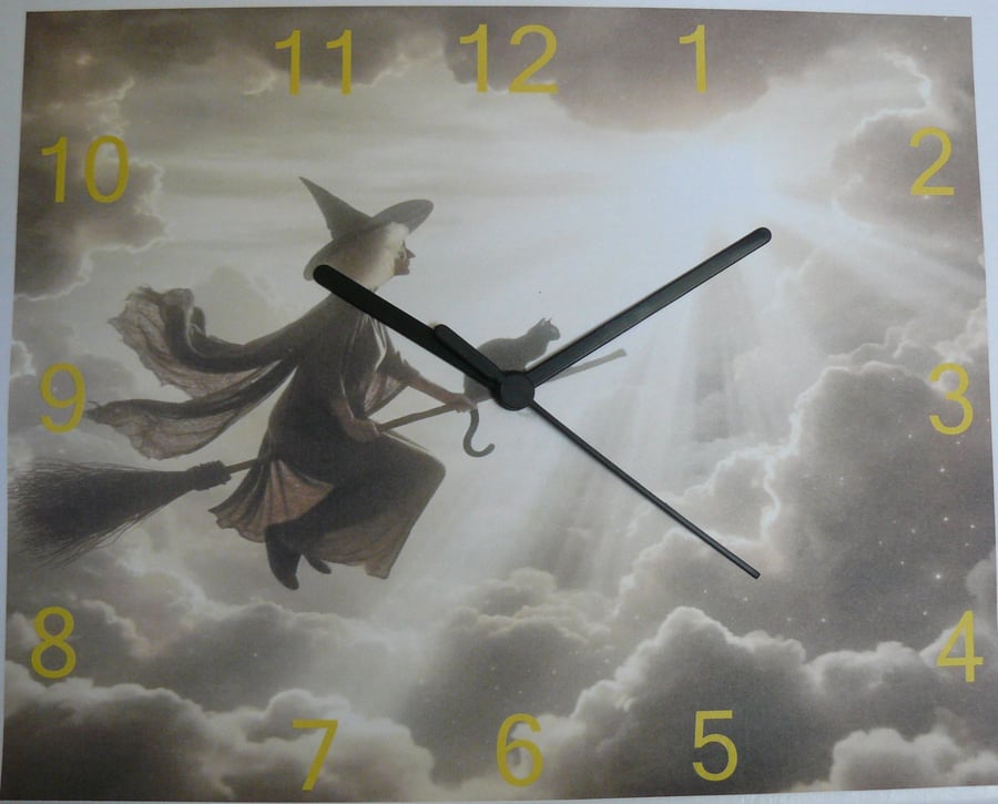 witch clock witch on broomstick with black cat wall clock